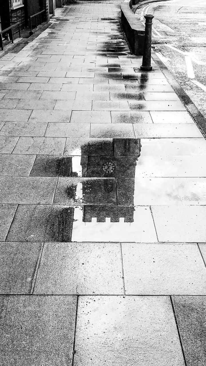 HIGH ANGLE VIEW OF WET FOOTPATH