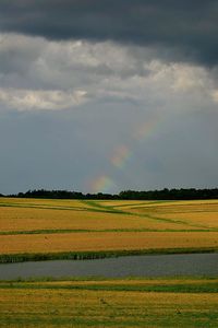 Scenic view of field against cloudy sky