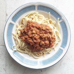 High angle view of pasta in plate on table