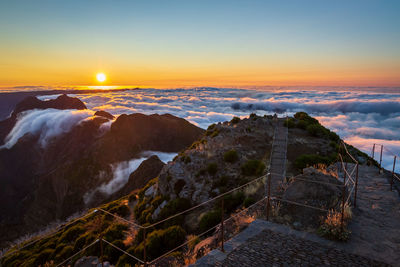 High angle view of mountains during sunset