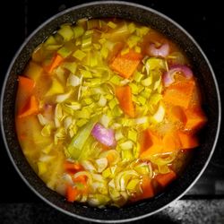 High angle view of chopped vegetables in bowl