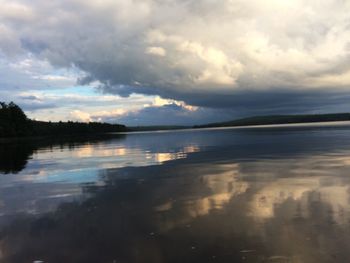 Scenic view of lake against cloudy sky