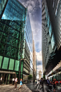 Low angle view of modern buildings against sky