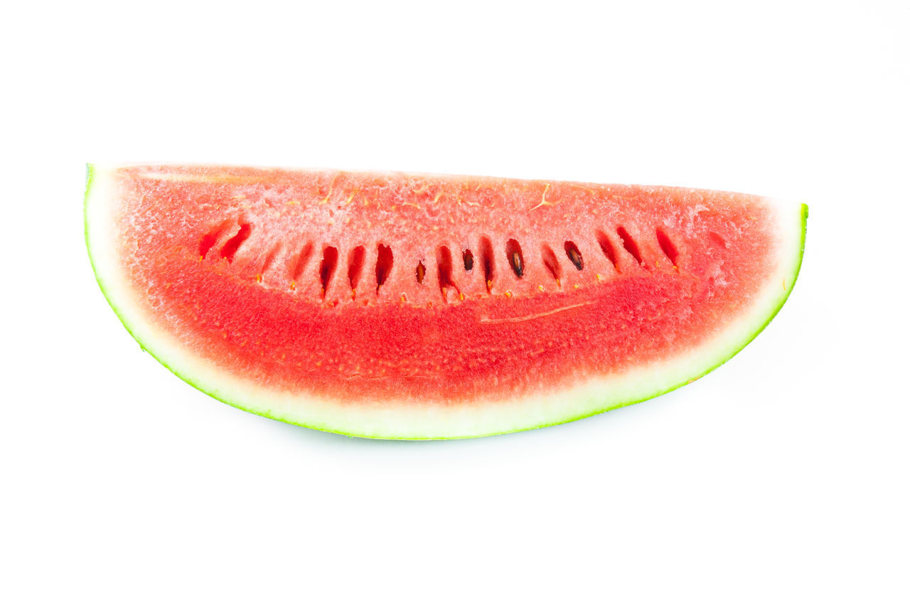 CLOSE-UP OF STRAWBERRY AGAINST WHITE BACKGROUND