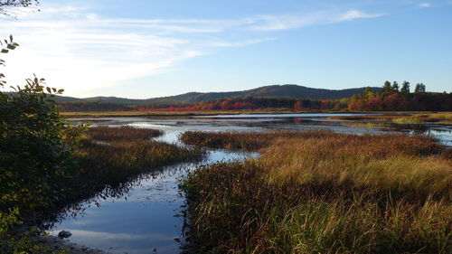 Scenic view of lake against cloudy sky