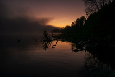 Silhouette trees by lake against sky during sunset with fog