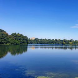 Scenic view of lake against clear blue sky