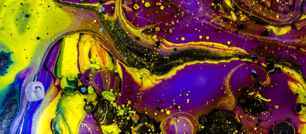 multi colored, full frame, backgrounds, close-up, no people, pattern, creativity, abstract, paint, art and craft, indoors, water, yellow, textured, vibrant color, purple, choice, healthy eating, wellbeing