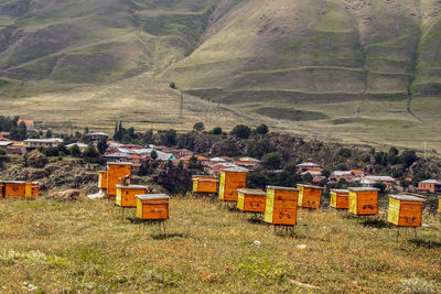 High angle view of village on field