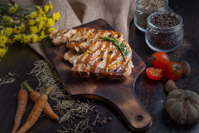 High angle view of food served on table