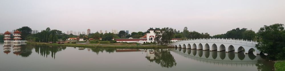 Panoramic view of lake and buildings against sky