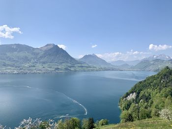 Scenic view of lake and mountains against blue sky