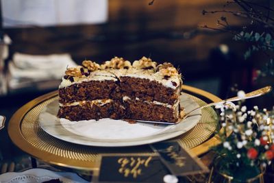 Close-up of cake in plate on table