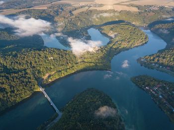 Aerial view of lake and land