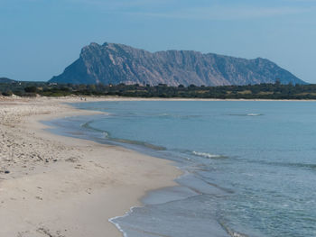 Scenic view of sea and mountains against clear sky