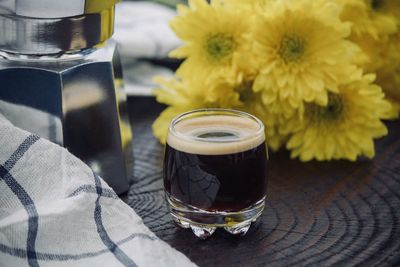 Close-up of coffee served on table