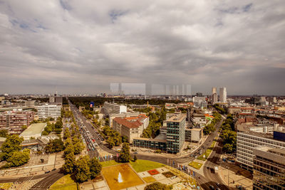 High angle view of buildings against sky