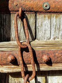 Low angle view of rusty metal on wood