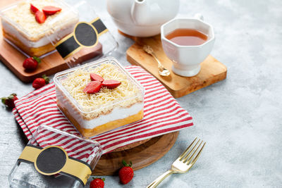 High angle view of breakfast on table