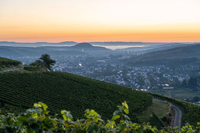 High angle view of townscape against sky during sunset