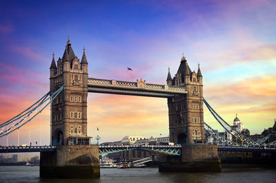 Bridge over river in city against cloudy sky