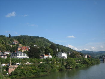 Houses by trees against blue sky