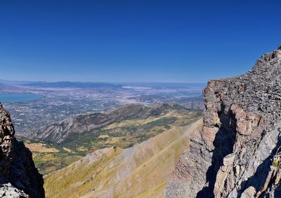 Panoramic view of landscape and mountains against clear blue sky