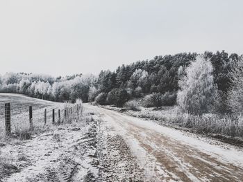 Road on field by trees against clear sky during winter