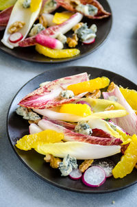 High angle view of breakfast served on table
