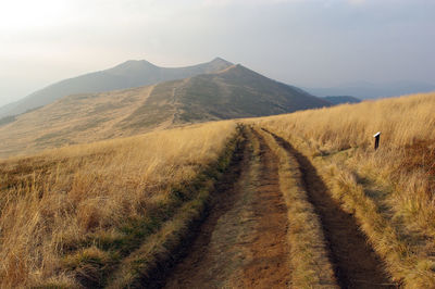 Tire tracks on road by mountains against sky