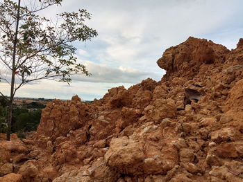 Rock formations on landscape against sky