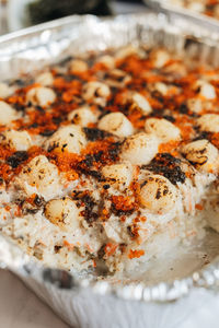 High angle view of meat in plate on table