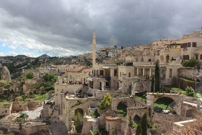 High angle view of cityscape against cloudy sky