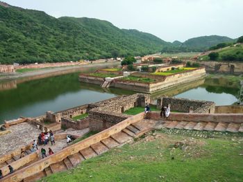 High angle view of buildings at riverbank