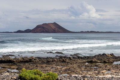 Panoramic view at the coastline of corralejo on canary island fuerteventura, spain with lava rocks 