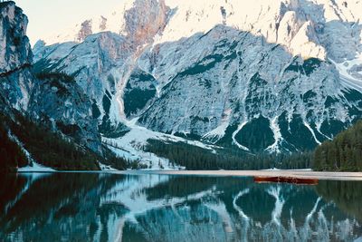 Panoramic view of lake and snowcapped mountains