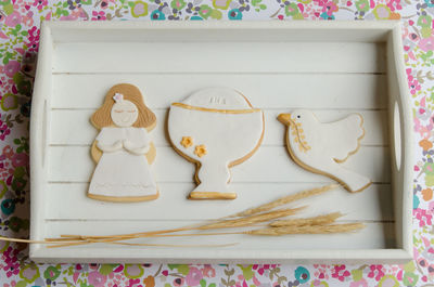 High angle view of cookies in tray on table