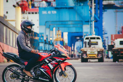 Woman riding bicycle in city