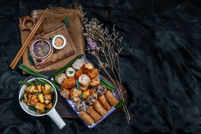 High angle view of meal served on table