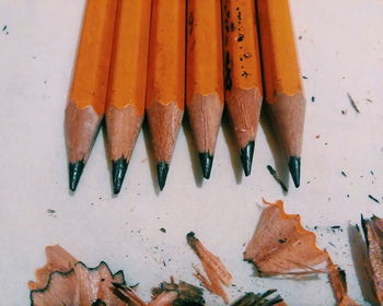 High angle view of pencils on table