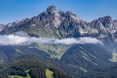 Scenic view of snowcapped mountains against clear sky