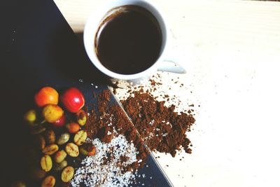 High angle view of coffee on table