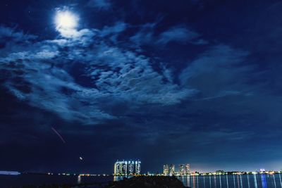 Low angle view of illuminated buildings against sky