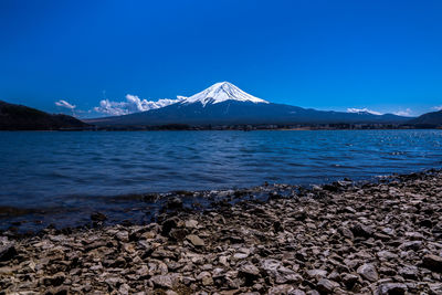 Scenic view of snowcapped mountains against blue sky