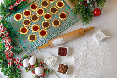 High angle view of christmas decorations on table