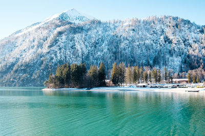 Scenic view of lake by trees against sky