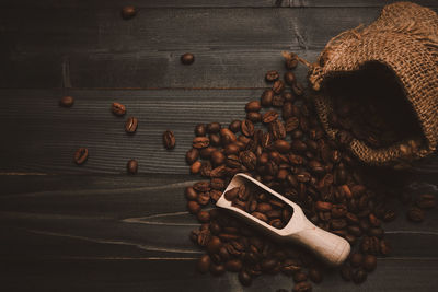 High angle view of roasted coffee beans on table