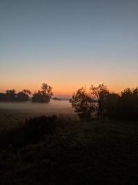 Silhouette trees on field against clear sky during sunset