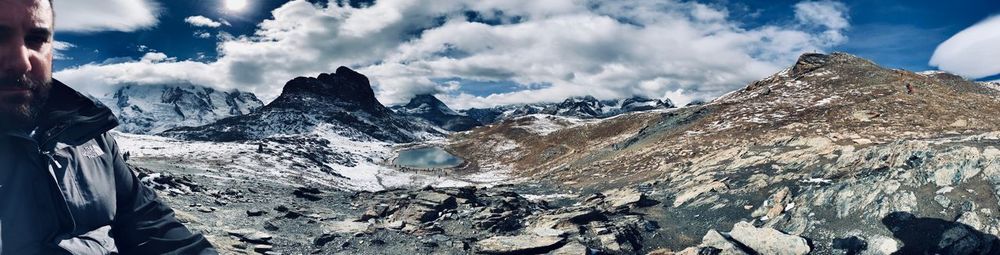 Panoramic view of snowcapped mountains against sky