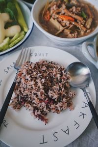 High angle view of food in bowl on table